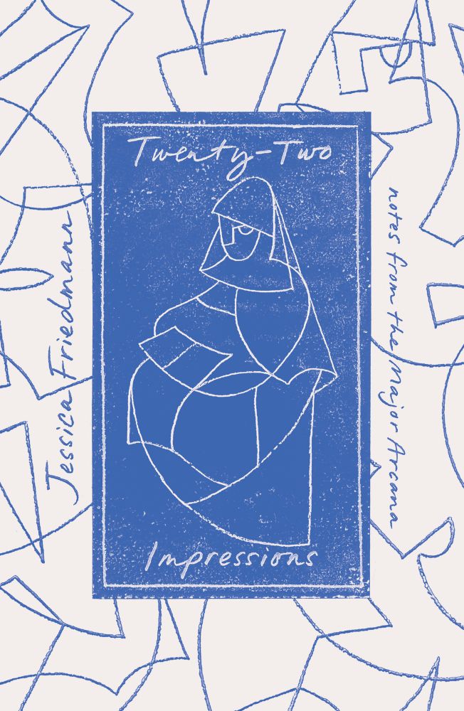 A blue and white hardback book cover featuring line drawings of the tarot card ‘The Papess’. The book is called ‘Twenty-Two Impressions: Notes from the Major Arcana’ and is by the Australian author Jessica Friedmann. 