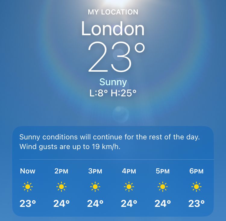 Screen cap from a weather app showing a maximum temperature of 25 degrees Celsius.