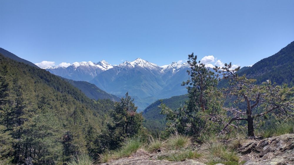 A panoramic view of one of the valleys of the Park, and of the main Aosta Valley at the bottom. The huge mountains in the background are still covered in snow above circa 2 km of altitude.