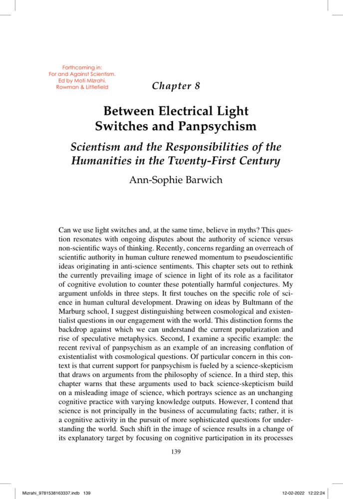 (PDF) Between Electrical Light Switches and Panpsychism: Scientism and the Responsibilities of the Humanities in the Twenty-First Century