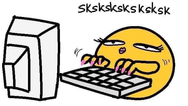 A drawing of an emoji with acrylics typing on a keyboard