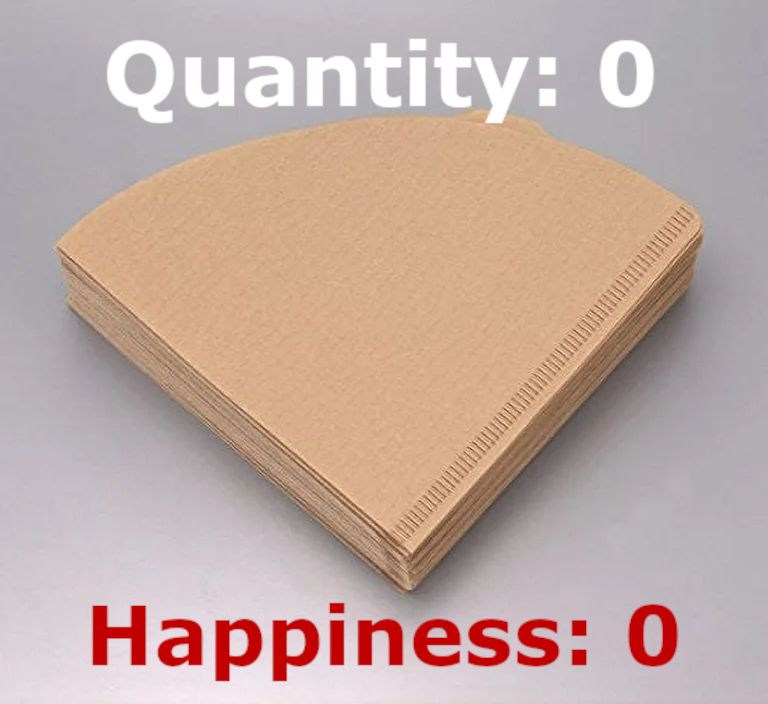 Coffee filters for my pour over. It's captioned "Quantity: 0, Happiness: 0". we are all out of filters