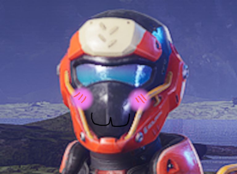 Head of a splitgate 2 character editted to have cartoony red cheeks and a smile