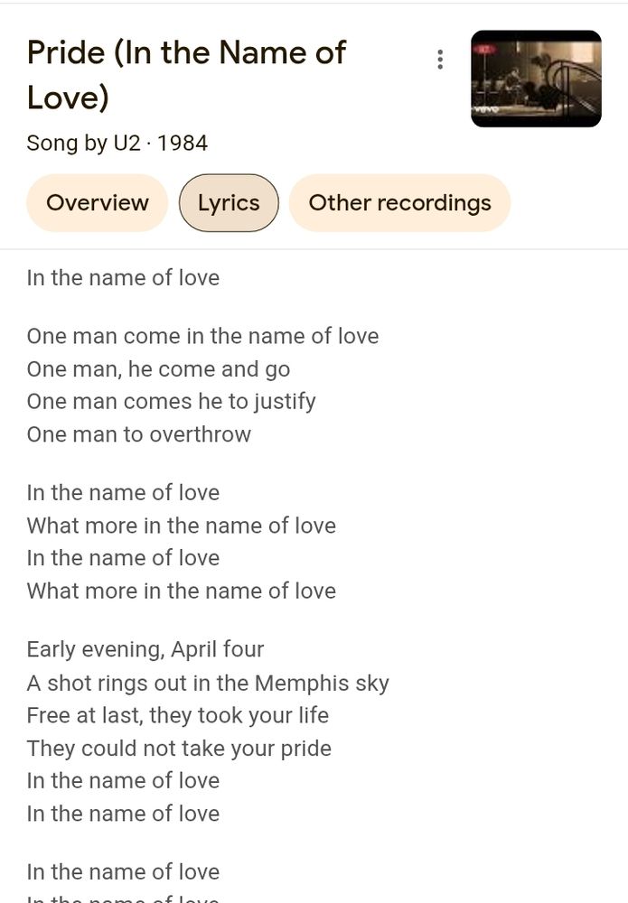 Screenshot of lyrics by U2. 
Pride (In The Name Of Love)