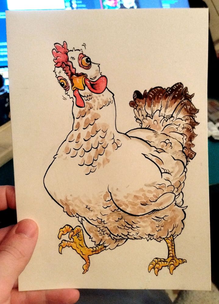 Watercoloured drawing of a chicken