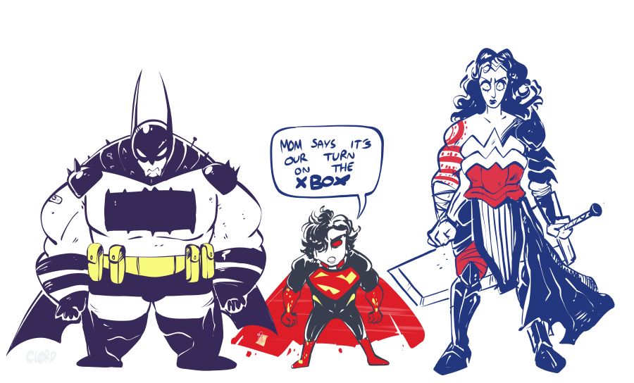 Absolute Batman and Absolute Wonder Woman tower over a diminutive Absolute Superman