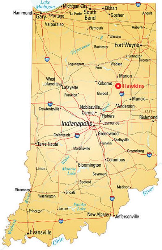 Map of Indiana showing possible location of Hawkins from Stranger Things