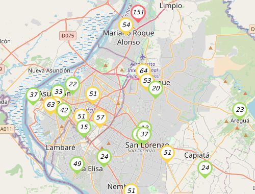 Calidad del Aire, mas info en: AireLib.re
2025-01-16 12:00

Top 😷

4toBarrio-Luque-PY: 53 - 🟡😐 Maso
Barrio Loma-Caacupe: 34 - 🟢👍 Libre
Barrio Obrero: 63 - 🟡😐 Maso
Barrio San Miguel CD: 18 - 🟢👍 Libre
Barrio San Roque: 33 - 🟢👍 Libre
Caaguazú - Ñemby: 51 - 🟡😐 Maso
Cabañas - Caacupé: 34 - 🟢👍 Libre
Capiatá-PDJ: 51 - 🟡😐 Maso
Capiatá-Rojas Caña: 24 - 🟢👍 Libre
C.D.E-Barrio San Jos: 13 - 🟢👍 Libre
CDS-Nazareth: 51 - 🟡😐 Maso
Central-Mariano: 54 - 🟡😐 Maso
El Cántaro: 23 - 🟢👍 Libre
Encarnación Ruta 6t: 14 - 🟢👍 Libre
FP-UNA Barrio Obrero: 62 - 🟡😐 Maso
FP-UNA SAN LORENZO: 13 - 🟢👍 Libre
Itauguá : 41 - 🟢👍 Libre
Lambare, La Victoria: 15 - 🟢👍 Libre
Ñemby, Villa Anita: 24 - 🟢👍 Libre
Pilar: 15 - 🟢👍 Libre
Pirayú - Barrio 1 : 36 - 🟢👍 Libre
QMR: 20 - 🟢👍 Libre
Recoleta UCOM: 51 - 🟡😐 Maso
Roshka: 22 - 🟢👍 Libre
Sajonia: 37 - 🟢👍 Libre
San Antonio: 56 - 🟡😐 Maso
San Ignacio, Mnes.: 13 - 🟢👍 Libre
San Pablo: 57 - 🟡😐 Maso
SanRafael,San Lorenz: 24 - 🟢👍 Libre
Sodep,San Vicente : 42 - 🟢👍 Libre
Surubi-i, Mariano: 151 - 🔴⚠😷‼️ Insalubre
Villa Adela - Luque: 64 - 🟡😐 Maso
Villa Elisa, Villa B: 49 - 🟢👍 Libre
Villarrica, Ybaroty: 33 - 🟢👍 Libre
WT - San Lorenzo : 37 - 🟢👍 Libre
