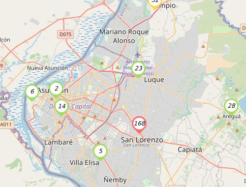 Calidad del Aire, mas info en: AireLib.re
2025-11-29 04:00

Top 😷

Barrio Loma-Caacupe: 15 - 🟢👍 Libre
Barrio San Roque: 2 - 🟢👍 Libre
Costa Azul - Limpio: 52 - 🟡😐 Maso
El Cántaro: 28 - 🟢👍 Libre
Encarnacion-Playa San Jose: 88 - 🟡😐 Maso
FP-UNA SAN LORENZO: 168 - 🔴⚠😷‼️ Insalubre
Itauguá : 21 - 🟢👍 Libre
Ñemby, Villa Anita: 5 - 🟢👍 Libre
Pirayú - Barrio 1 : 33 - 🟢👍 Libre
Sajonia: 6 - 🟢👍 Libre
Sodep,San Vicente : 14 - 🟢👍 Libre
Villa Adela - Luque: 23 - 🟢👍 Libre
Villarrica, Ybaroty: 55 - 🟡😐 Maso
