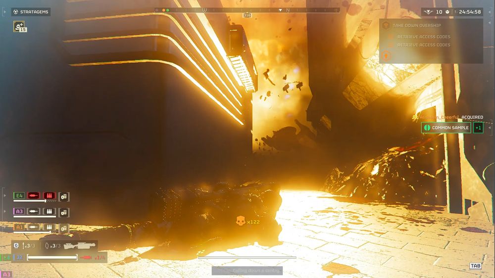 A screenshot from the game Helldivers 2

The player is barely visible laying on the ground as a massive explosion fills most of the screen, the UI indicates the player just killed 122 enemies