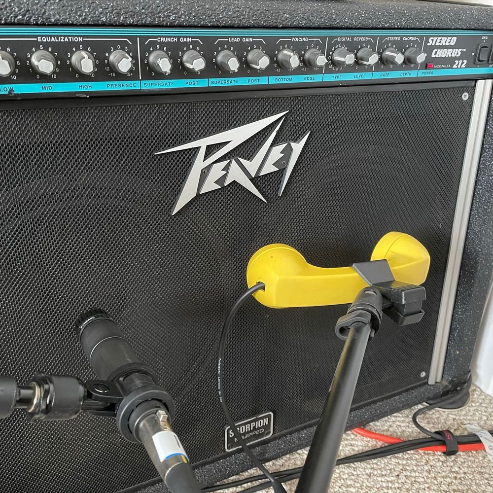 Peavey Stereo Chorus with a regular mic and a phone mic.  Seriously chimey.
