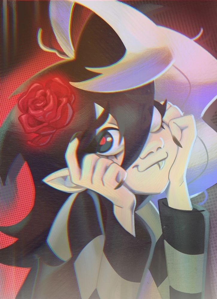 A drawing of a young vampire girl with black and white hair wearing a rose in her hair