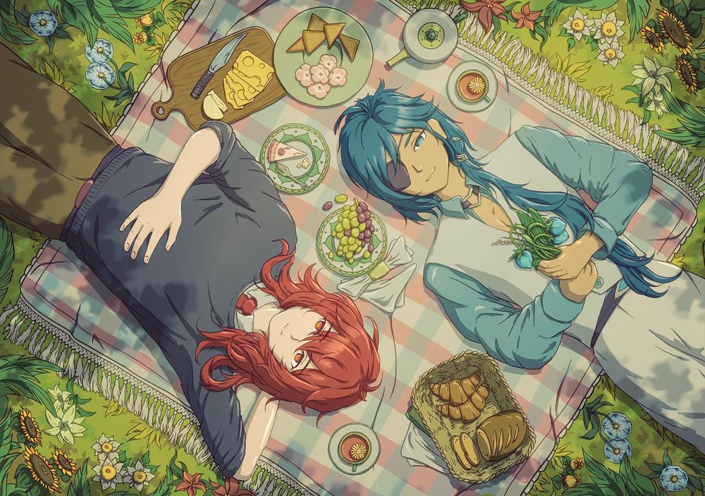 Illustration showing Diluc Ragnvindr and Kaeya Alberich from the game Genshin Impact laying on a blanket in a flower field from above, surrounded by picnic dishes. The flowers around them are all from Mondstadt.