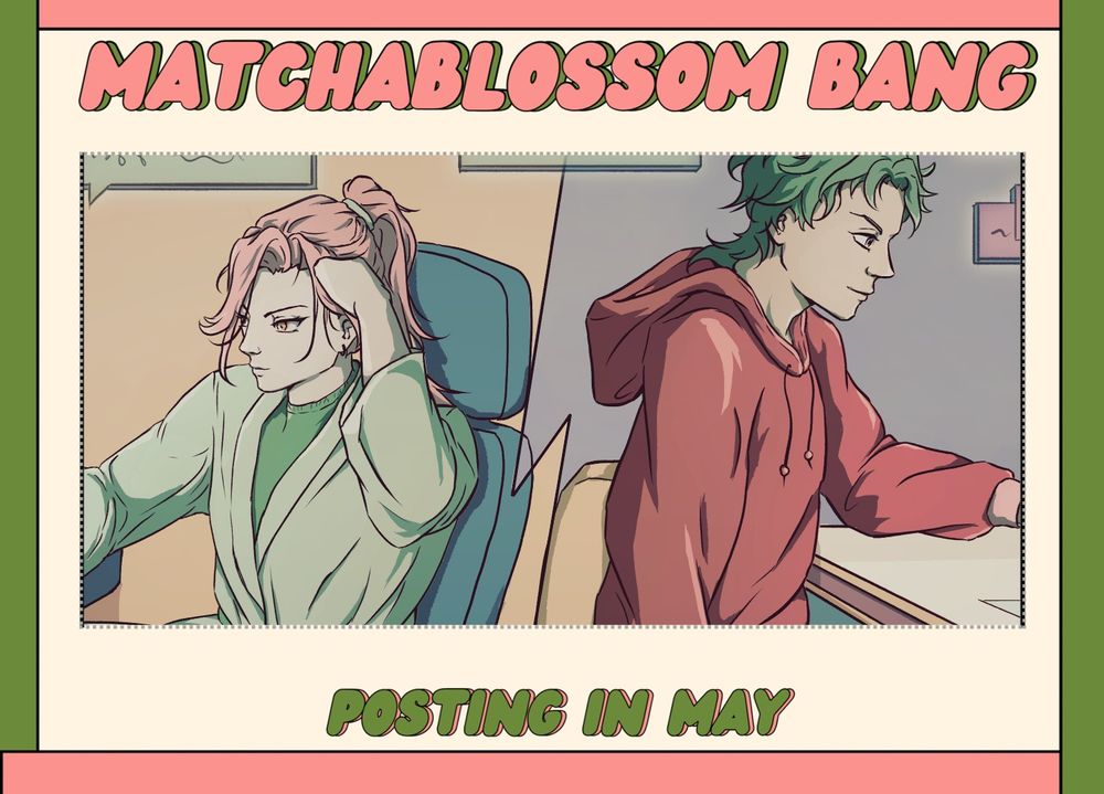 preview graphic for matchablossom bang, showing a cropping of kaoru and kojiro sitting back to back