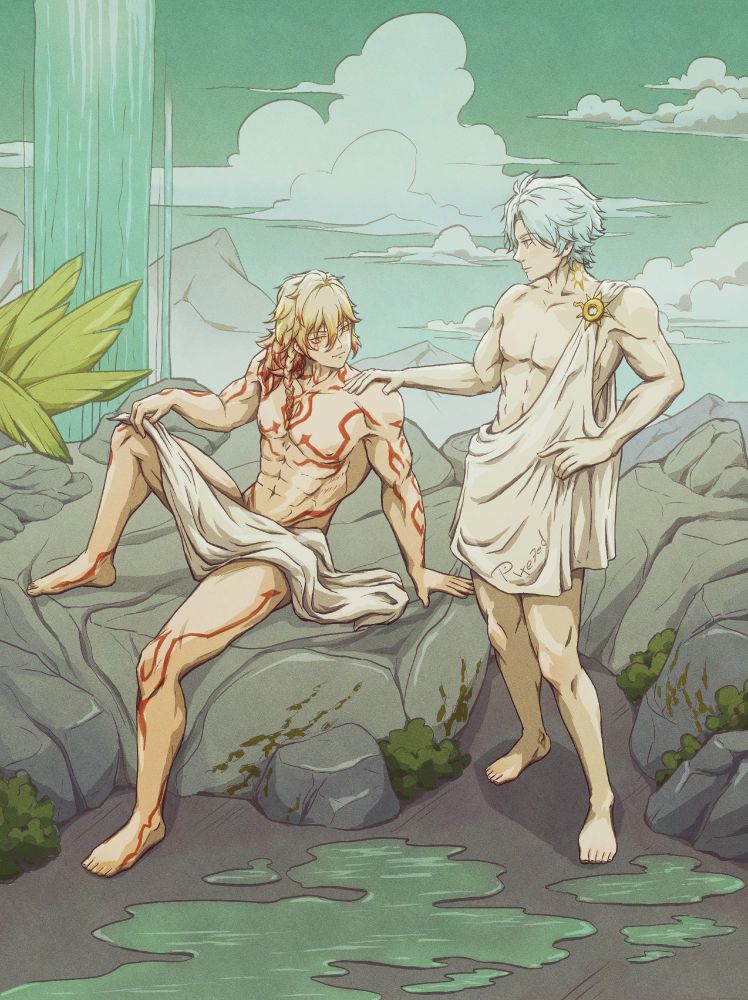 illustration of sitting Mydei and Phainon from Honkai Starrail standing next to him, surrounded by large rocks, behind them a waterfall and clouds