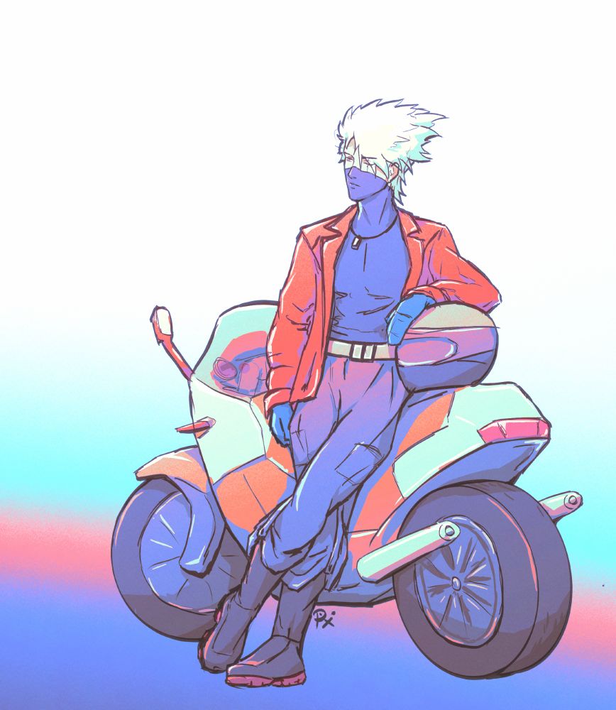 Hatake Kakashi in bikers clothes leaning against a motorcycle
