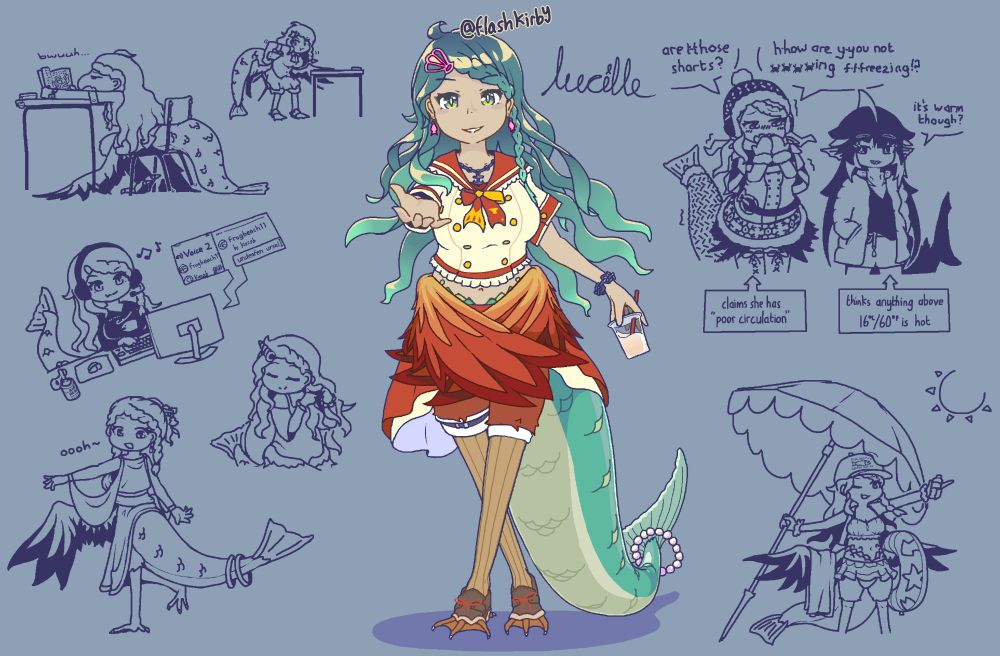 character sheet for a siren with seaweed-like hair, red wings from the hip and a large scaly tail