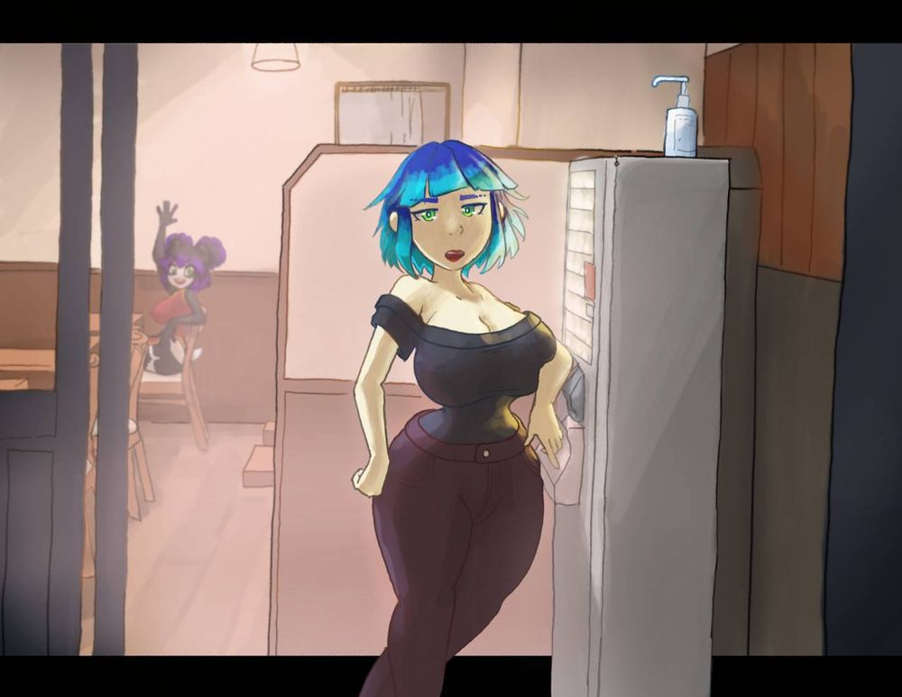 Kaede standing at the restaurant vending machine giving you the disapproving look, while Xiao Bao waves over in the background.
