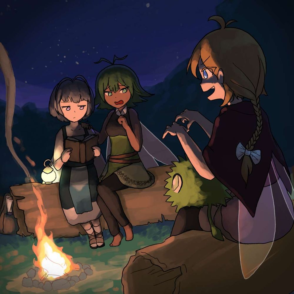 Vita and Fufu telling ghost stories to Marche who is definitely 100% not scared, and Kell who is definitely not having her reading focus broken by the events transpiring.