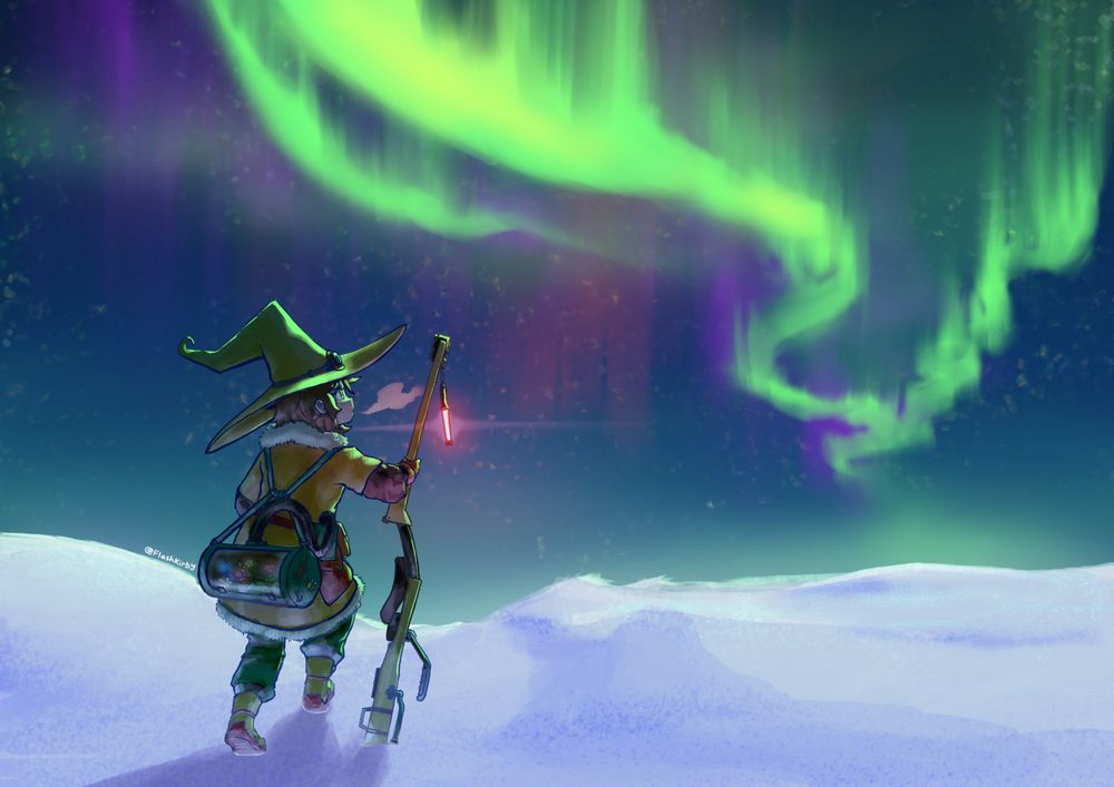 Space Witch walking over a snow covered landscape, looking at a bright green aurora.
