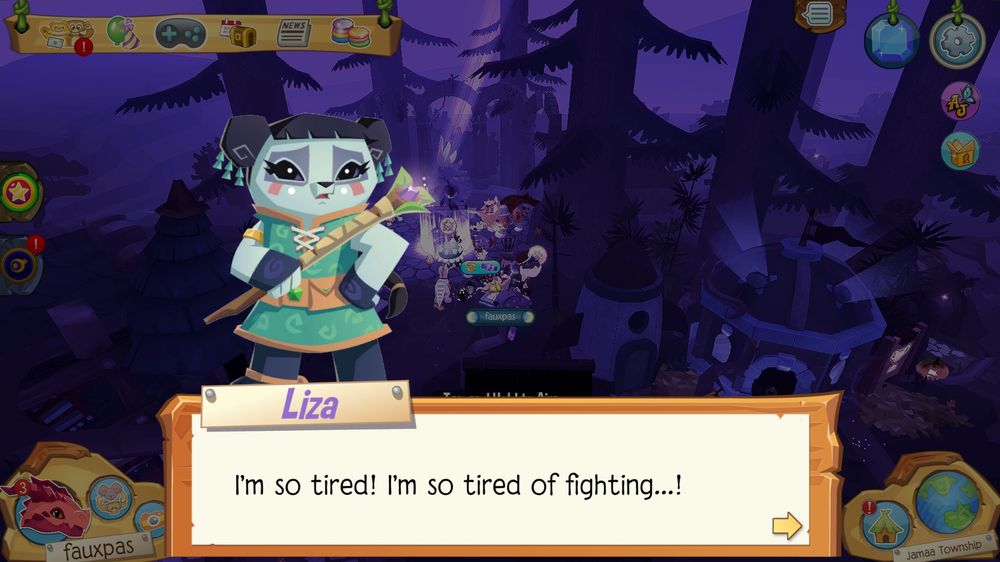 An animal jam screenshot. Liza the Panda says, "I'm so tired! I'm so tired of fighting...!"