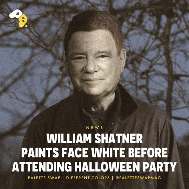 William Shatner with his face painted white.
HEADLINE: William Shatner Paints Face White Before Attending Halloween Party.