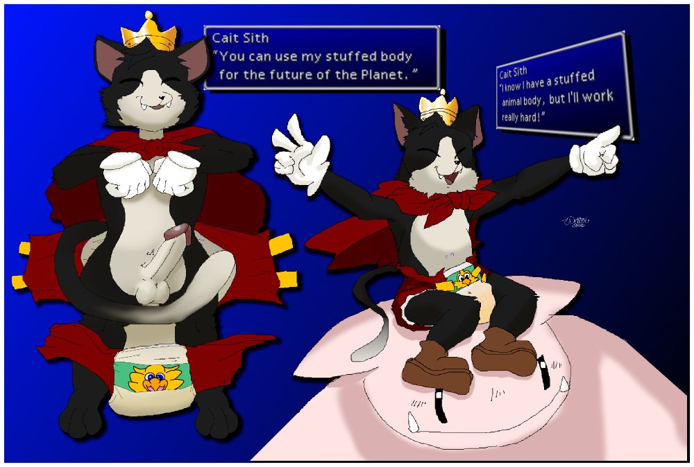 cait sith, lovable neko android (known as a catbot in western territories), wearing a chocobo-themed peek and getting a change