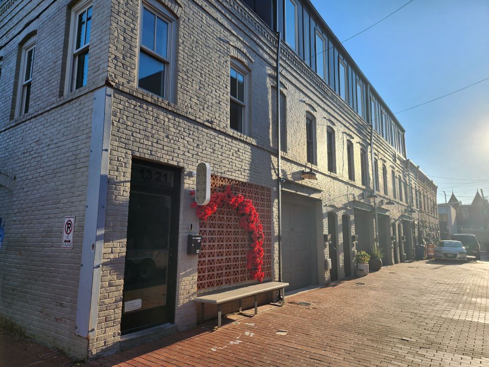 A row of white painted brick buildings with an arch of faux red flowers across a breeze-block window.