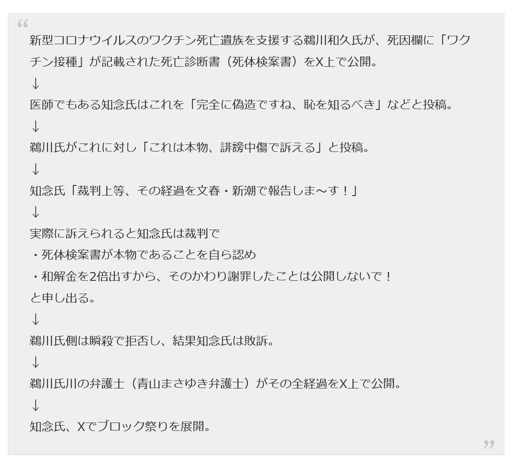 新型コロナウイルスのワクチン死亡遺族を支援する鵜川和久氏が、死因欄に「ワクチン接種」が記載された死亡診断書（死体検案書）をX上で公開。
↓
医師でもある知念氏はこれを「完全に偽造ですね、恥を知るべき」などと投稿。
↓
鵜川氏がこれに対し「これは本物、誹謗中傷で訴える」と投稿。
↓
知念氏「裁判上等、その経過を文春・新潮で報告しま〜す！」
↓
実際に訴えられると知念氏は裁判で
・死体検案書が本物であることを自ら認め
・和解金を2倍出すから、そのかわり謝罪したことは公開しないで！
と申し出る。
↓
鵜川氏側は瞬殺で拒否し、結果知念氏は敗訴。
↓
鵜川氏川の弁護士（青山まさゆき弁護士）がその全経過をX上で公開。
↓
知念氏、Xでブロック祭りを展開。