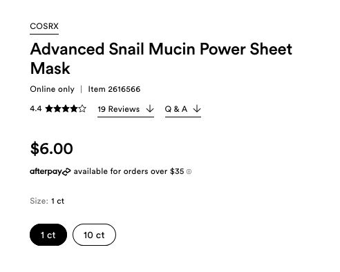 Screenshot of "Advanced Snail Mucin Power Sheet Mask", $6