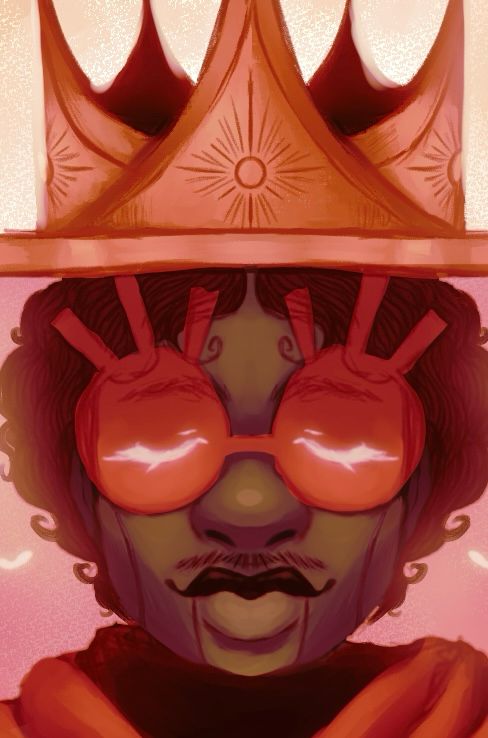 Cropped screenshot of a digital headshot painting of King from Great God Grove. Her eyes are closed, with an expression of tranquility on her face.