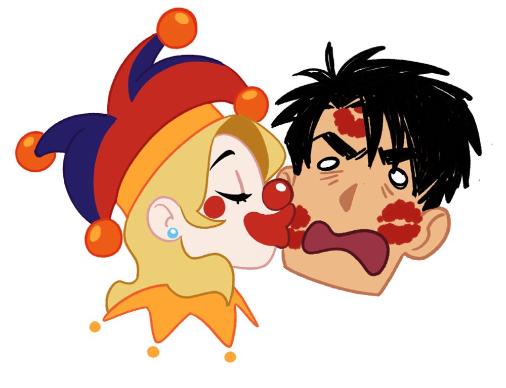 Clown!Emery planting a big SMOOCH on his knight, Terryn