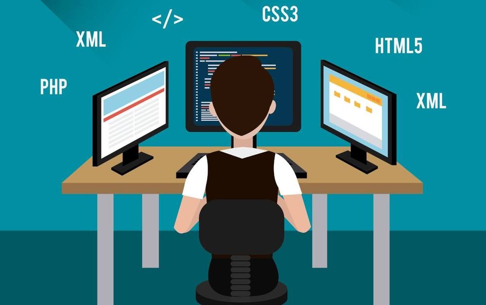 Person working at a table with three monitors on top with PHP, XML, </>, CSS3, HTML5, and XML listed in the middle of the image.