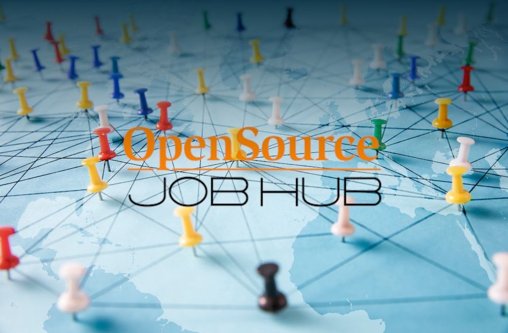Open Source JobHub logo with background of a world map with pushpins connceted by lines