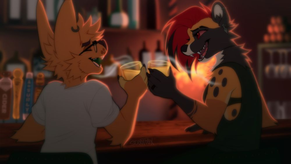 Scoot fennec on the left and Aki civet on the right, cheers their drinks to each other at a dimly lit bar.
