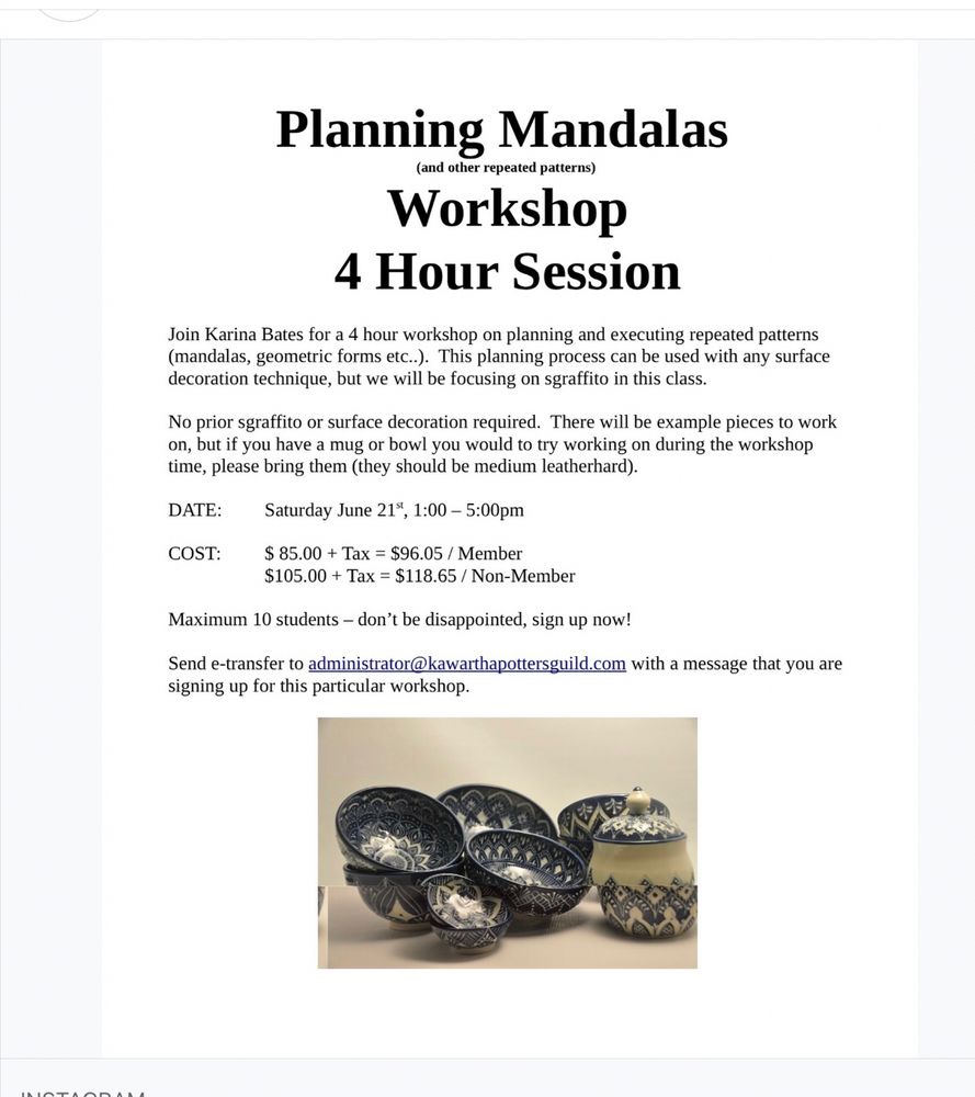 Planning Mandalas and other repeated pattern workshop (poster).  4 hour session Sat June 21 1-5p.m.  Includes price details and workshop description and a picture of some of my cobalt and white mandala pieces.