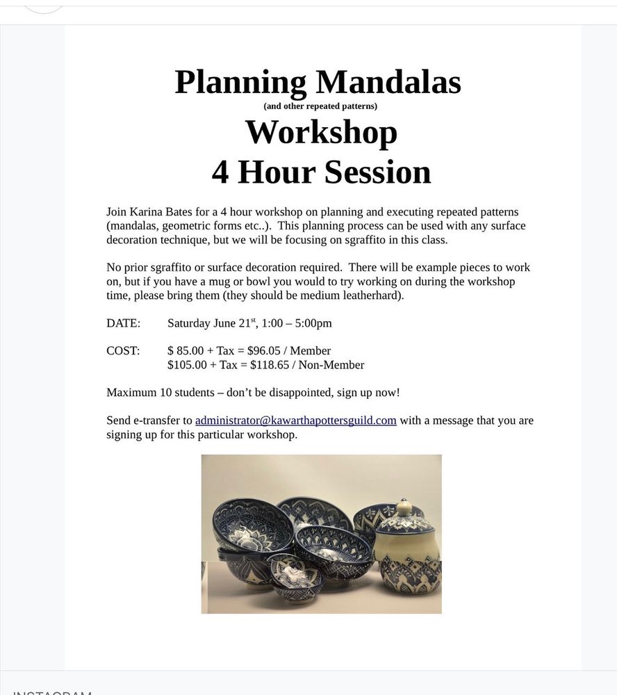 Poster of Planning Mandalas (and other geometric designs) taking place at the Kawartha Potters Guild, in Peterborough, ON, on Saturday June 21st.