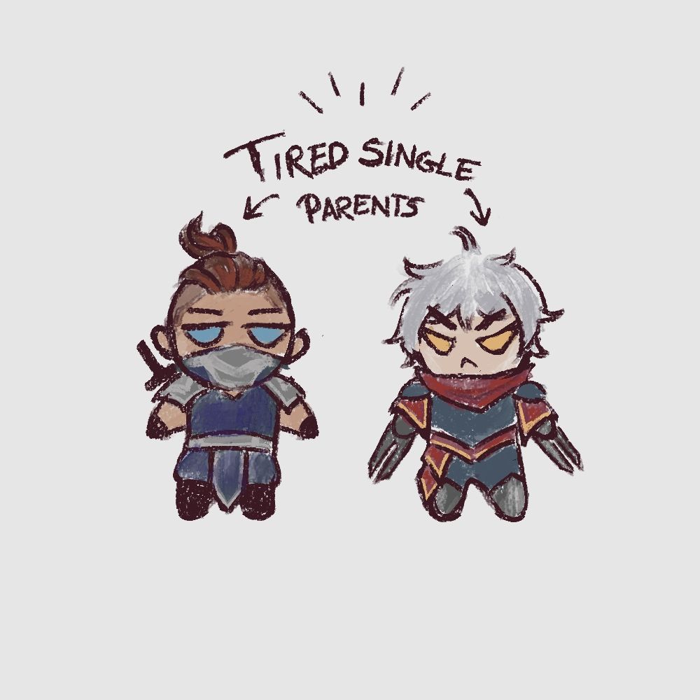 Chibi unmasked Zed and chibi masked Shen with the "Tired single parents" written on top of them