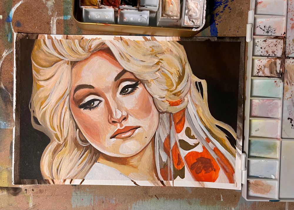 A gouache artwork on paper showcasing Dolly Parton