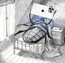 Altered illustration of the giant insect from Kafka’s “The Metamorphosis” in bed using an iPhone