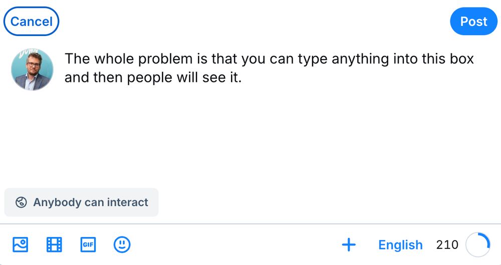 Blue sky text box reading, "The whole problem is that you can type anything into this box and people will see it."