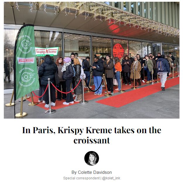 A picture of people lining up outside a Krispy Kreme store, over the headline "In Paris, Krispy Kreme takes on the croissant"