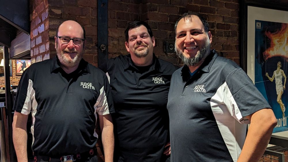 The JudgeCast co-hosts, from left to right: Charles, Bryan, and Marcos.