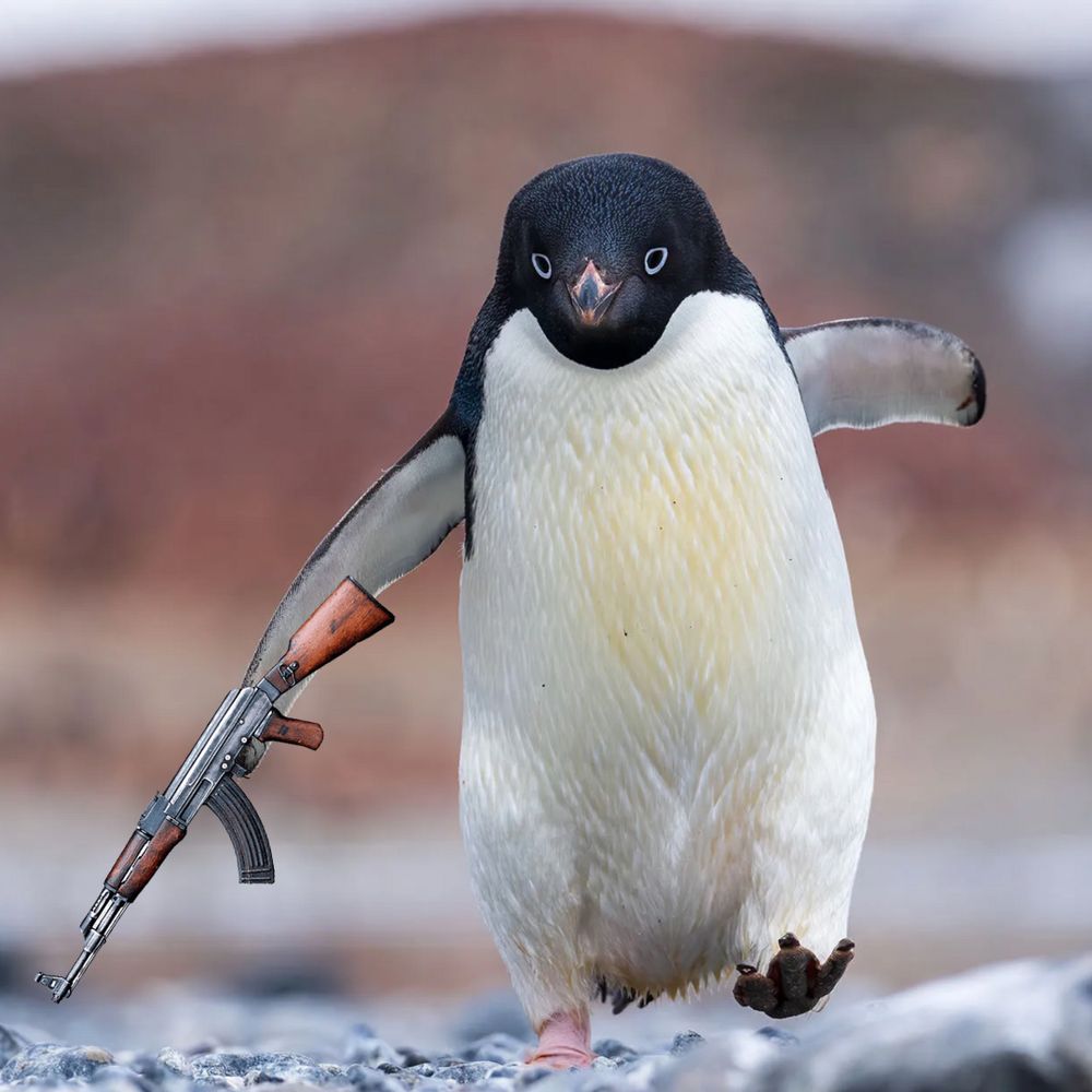 A meme photo of an Adelie penguin holding an AK-47.