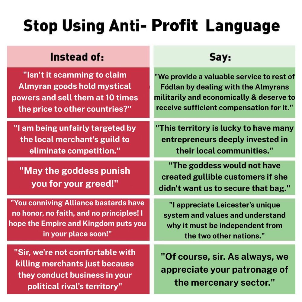 Stop Using Anti-Profit Language

Instead of: / Say: 

"Isn't it scamming to claim Almyran goods hold mystical powers and sell them at 10 times the price to other countries?" / "We provide a valuable service to rest of Fódlan by dealing with the Almyrans militarily and economically & deserve to receive sufficient compensation for it."

"I am being unfairly targeted by the local merchant's guild to eliminate competition." / "This territory is lucky to have many entrepreneurs deeply invested in their local communities."

"May the goddess punish you for your greed!" / "The goddess would not have created gullible customers if she didn't want us to secure that bag."

"You conniving Alliance bastards have no honor, no faith, and no principles! I hope the Empire and Kingdom puts you in your place soon!" / "I appreciate Leicester's unique system and values and understand why it must be independent from the two other nations."

"Sir, we're not comfortable with killing merchants just because they conduct business in your political rival's territory" / "Of course, sir. As always, we appreciate your patronage of the mercenary sector."