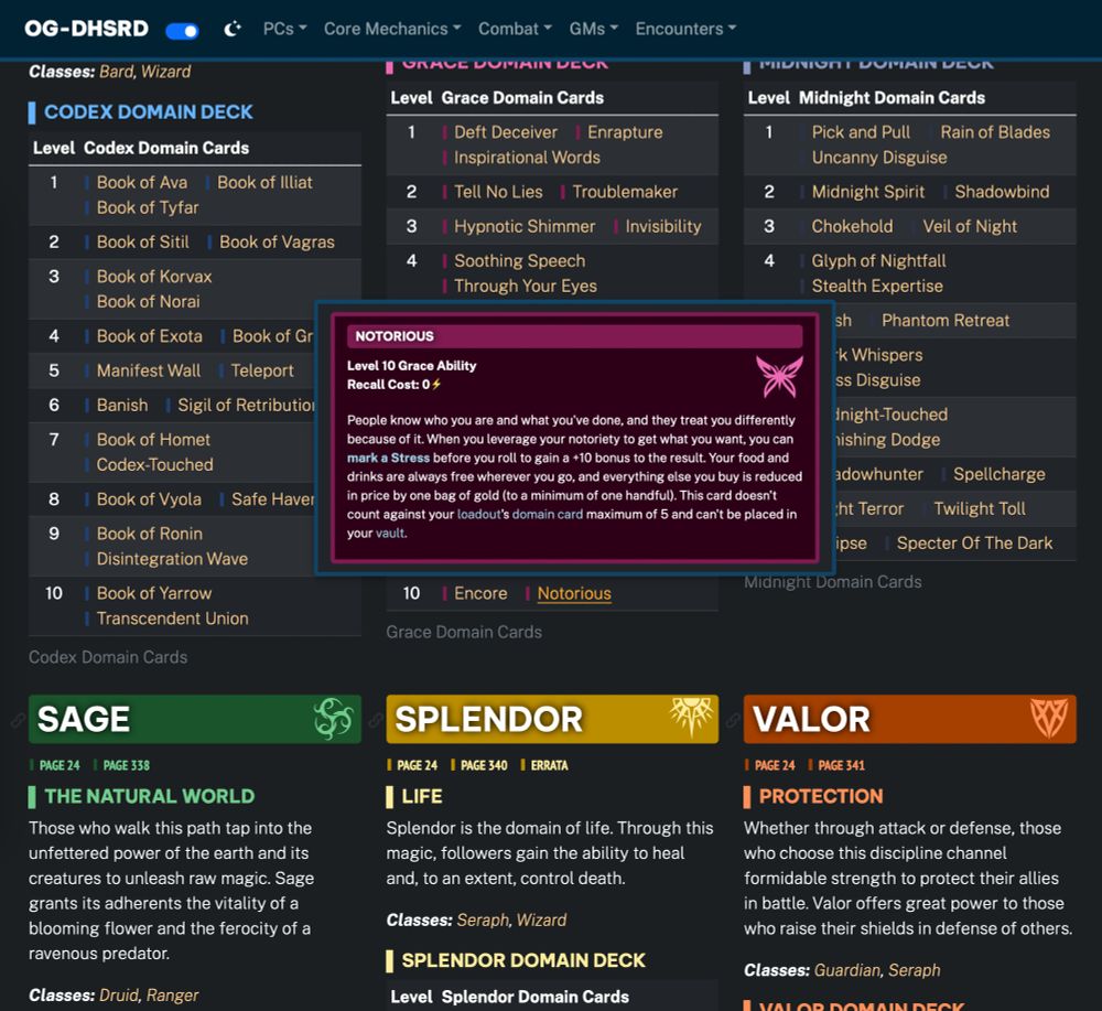 OG-DHSRD: Menu Selection for "PCs, Domains, Grace, Level 10, Notorious"