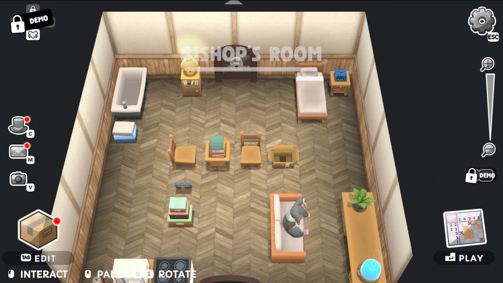 Screenshot from the Steam game Squeakross: Home Squeak Home. Shows a 3D room filled with furniture and a grey rat sitting on a sofa.
