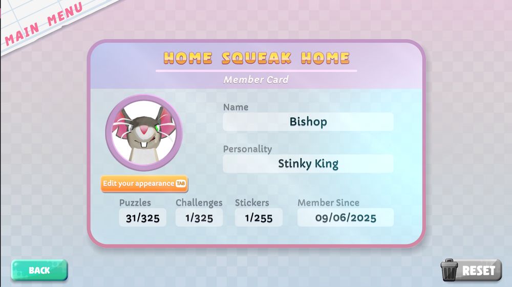 Screenshot from Squeakross: Home Squeak Home. Member card reading "Name: Bishop. Personality: Stinky King." Includes game data and a face snapshot of a grey and white rat looking at the camera.