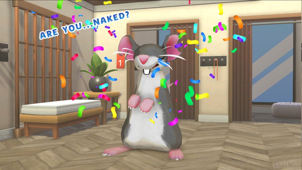 Screenshot from the Steam game Squeakross: Home Squeak Home. Shows a grey and white rat posing, after the player chose not to put any items/clothes/accessories on him. In-game text reads: "Are you... naked?"