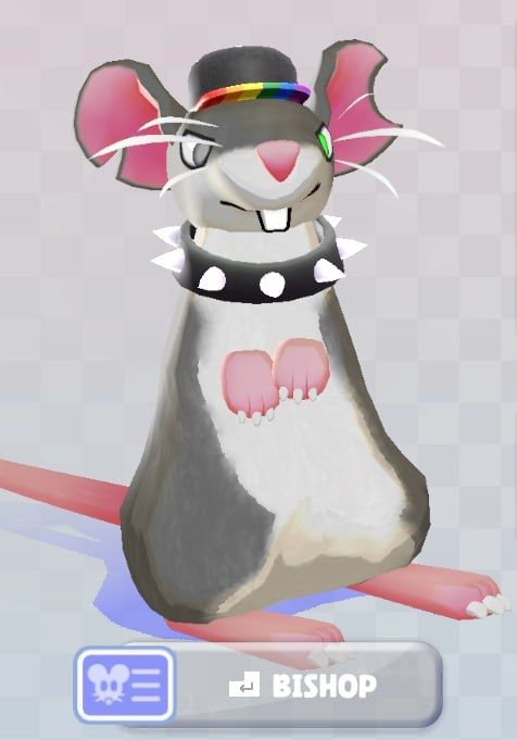 Screenshot from the game Squeakross, showing a grey and white rat with torn ears, a rainbow pride cap and a black spiked collar, with the name tag Bishop. 